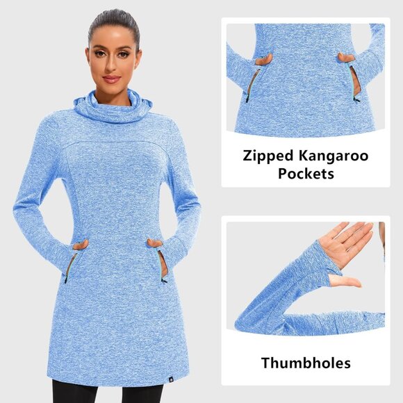 Women's Fleece Dress Running Sweatshirt Dress with Thumb Holes Pocket Light Blue - Picture 3 of 6